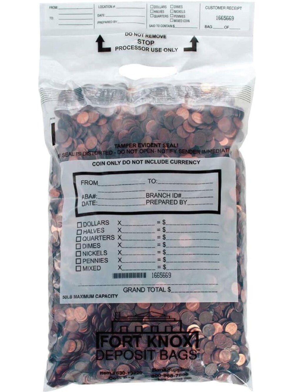 Tamper Evident Handled Coin Bags - 13x22" Poly Coin Storage Bags, 50 Pack